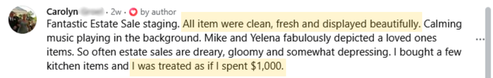 Customer review for a Wayback estate sale in Little Egg Harbor, NJ